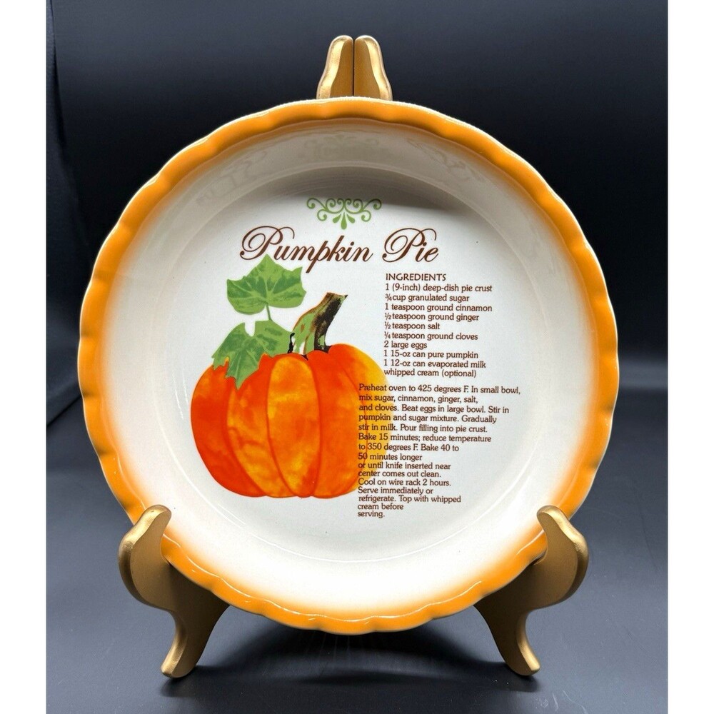 Pumpkin Pie Recipe Decorative Ceramic Plate Orange Rim 10in Round Thanksgiving